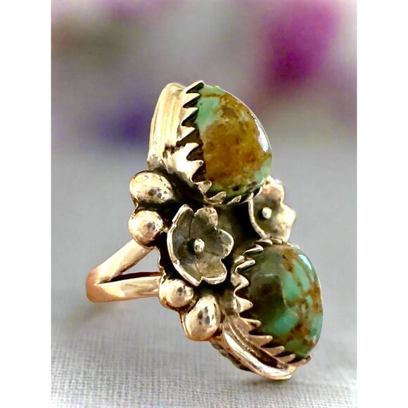 Royston Two Stone Teardrop Floral Sterling Ring Size 7 - Picture 3 of 7